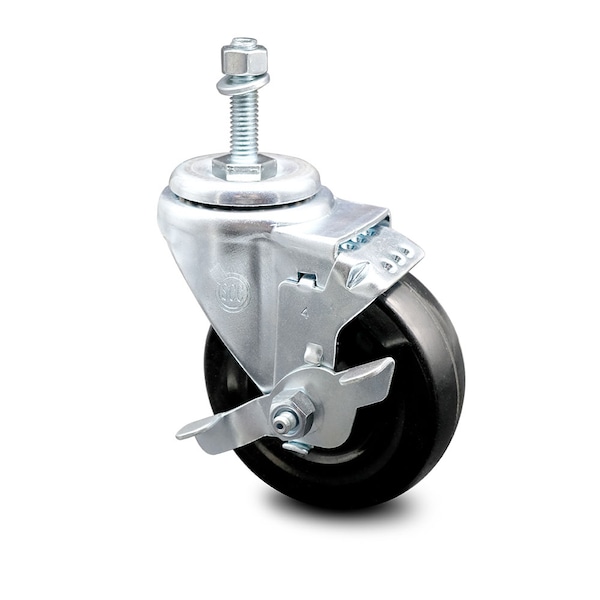 4 Inch Hard Rubber Wheel Swivel 3/8 Inch Threaded Stem Caster with Brake SCC